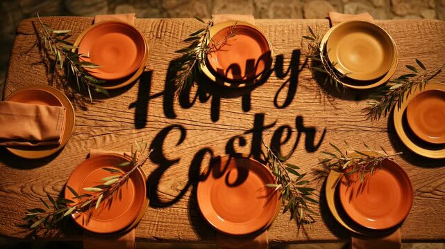 Elegant easter table setting with orange and yellow plates and olive branch decor. Festive dinner for a special holiday.