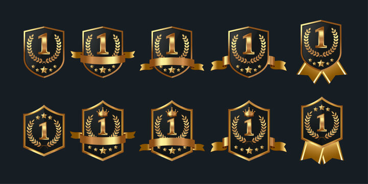 Black and Gold Winner Shield Badge Set No 1 Champion Award Emblem with Ribbon and Crown Luxury Medieval Style Vector Collection