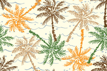 Camouflage seamless vector pattern. Green, brown, orange colors. Palm trees and sea waves. Tropical print, Hawaiian shirt, safari. © MaxNadya