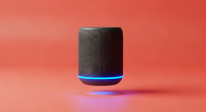 Modern smart speaker floating in vibrant red space