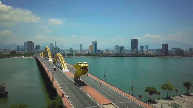 Aerial view of traffic on the famous dragon bridge in the coastal city of da nang, vietnam