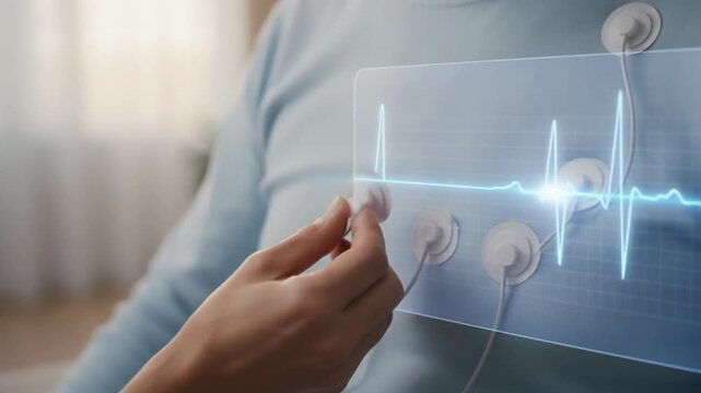 Longevity technology heart health monitoring with senior patient hand on chest medical sensor electrodes cardiology diagnosis healthcare monitor pulse