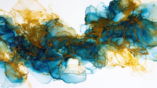 Alcohol ink abstract, blue and gold fluid art on synthetic paper, wispy edges