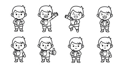 Black and White Line Art Cartoon Boys Drinking Beverages Vector Set. Happy Cute Kids in Various Poses with Cups and Straws, Children's Illustration.