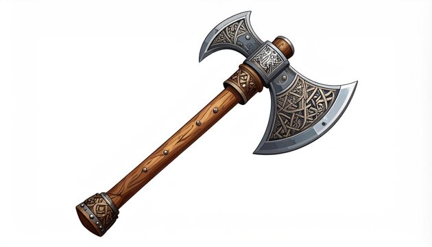 Detailed Viking Axe Illustration with Intricate Silver Detailing and Wooden Handle.