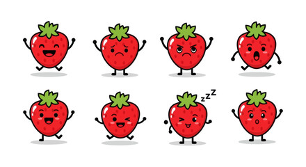 Kawaii Cartoon Food Strawberries Vector Illustration Set with Various Facial Expressions and Emotions