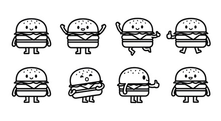 Black and White Line Art Cute Hamburger Food Characters Vector Illustration Set