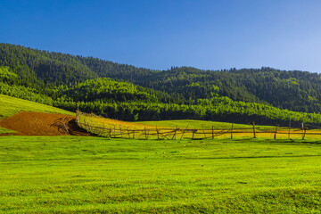 Naklejka premium Rustic wooden fence frames a patch of tilled soil in serene rural landscape. Expansive green meadows stretch under a clear blue sky, creating a tranquil scene.