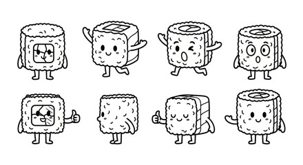 Fototapeta premium Cute Sushi Rolls Characters Doodle - Black and White Line Art Kawaii Food Icons Set for Japanese Cuisine and Restaurant Menus