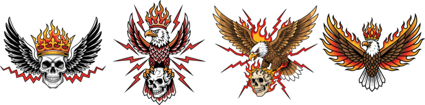 Fierce Eagle Skull Art Set with Crowns Flames and Lightning