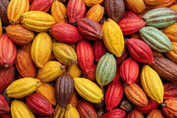 Fototapeta premium Vibrant Cacao Fruit Pods Surface. Natural Beauty. Heap of whole cocoa pods. Colorful cacao beans pile background. Fresh aromatic food backdrop. Chocolate production industry concept. Creative layout