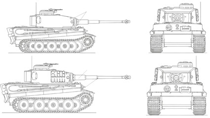 Detailed vehicle autocad blueprint of a tank from multiple viewpoints showcasing its design and structure © Stock Image Paradise