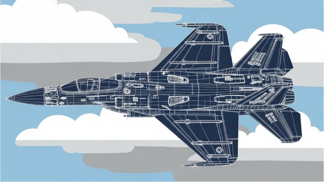 Aerial view of a fighter jet in flight with a vehicle autocad blueprint design