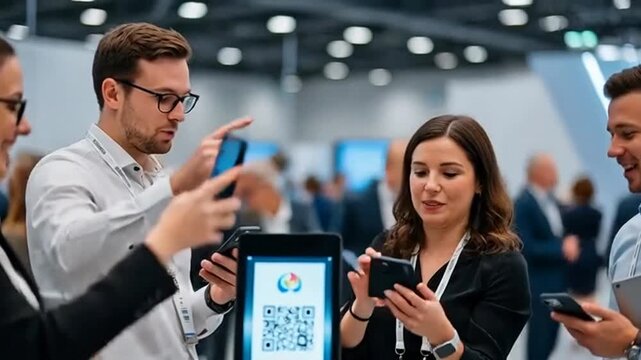 Business people at a conference scanning QR codes for networking and information.