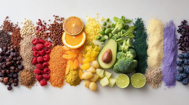 Rainbow nutrition concept with colorful superfoods arranged in spectrum order demonstrating micronutrient diversity and mindful eating awareness close up holistic health theme whimsical Overlay white 