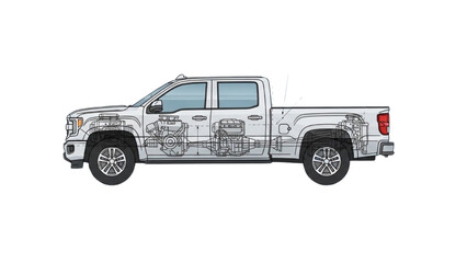 Detailed vehicle autocad blueprint of a pickup truck in a technical side view illustration © Stock Image Paradise