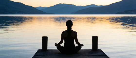 Woman silhouetted in a lotus position, practicing yoga and mindfulness on a wooden dock, finding peace and spiritual balance at sunrise over a serene lake surrounded by mountains