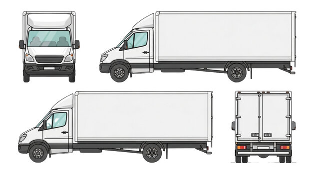 Detailed vehicle autocad blueprint of a white delivery truck from multiple viewpoints
