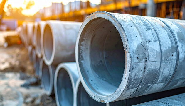 Large concrete drainage pipes stacked on construction site, infrastructure development concept, urban