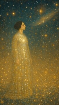 Ethereal woman amidst golden stars mobile wallpaper