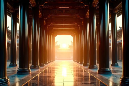 A long hallway with pillars and a sun shining through the doorway