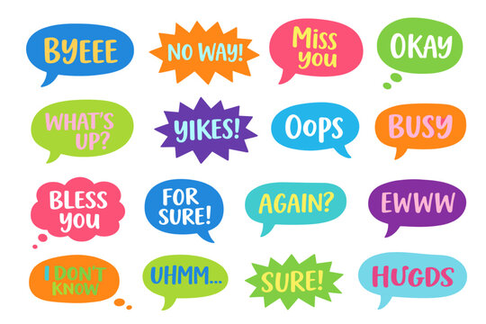 Bright comic speech bubbles with casual phrases: byeee, no way, miss you, what's up, yikes, oops, busy, bless you and hugs, playful messaging sticker pack.