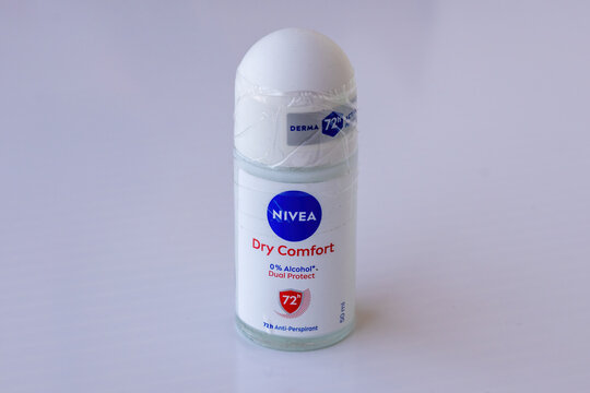 Nivea Dry Comfort Roll-On Antiperspirant and Deodorant isolated on white background. 72-hour dual protection personal care product. 0 percent alcohol formula for skin care and hygiene essential