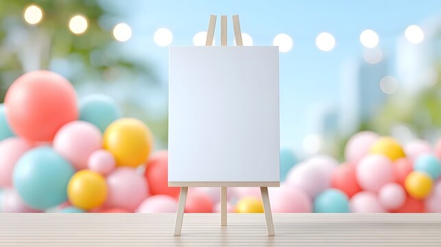A blank white canvas on a wooden easel is set against a blurred festive background featuring colorful pastel balloons and glowing bokeh lights suitable for celeb ns