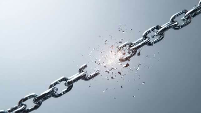 Image of a broken chain symbolizing freedom, breaking barriers, and independence. The chain is metallic, and the point of break has a bright light