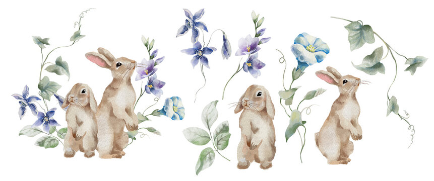 Watercolor Easter composition with bunnies and flowers.