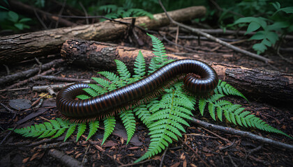 Obraz premium Dark Millipede Coiled on Green Fern Leaves in Forest Environment