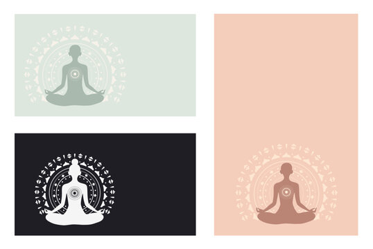 Wellness and self care concept, meditating person with abstract mandala behind. Three color schemes