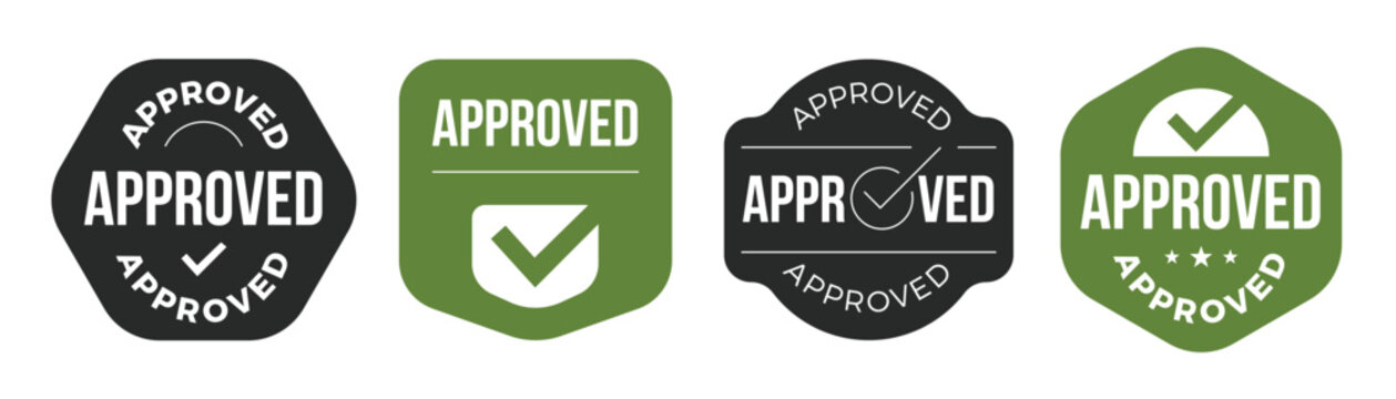Approved stamp and badge collection in green and black color. Vintage label approved sign.