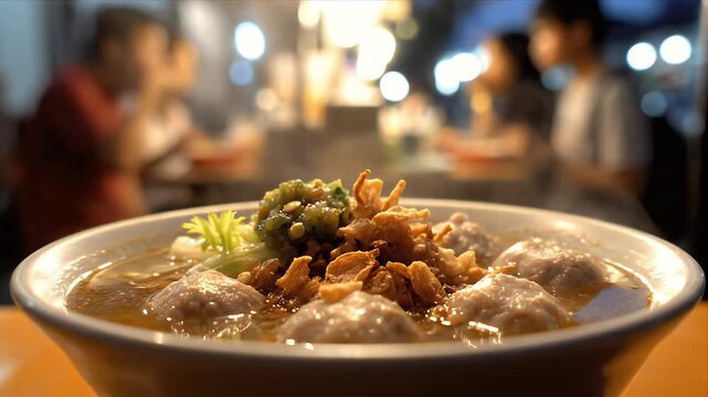 Hearty Bowl of Meatball Soup with Green Chilis and Crispy Onions at a Bustling Night Market