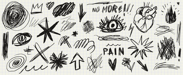 Scribble doodle elements for poster, social media. Handwritten love, mad, irritation, anger doodles. Rough emotional hand drawn ball pen sketch grunge illustrations. Chaotic freehand pencil drawings. © KPstudio