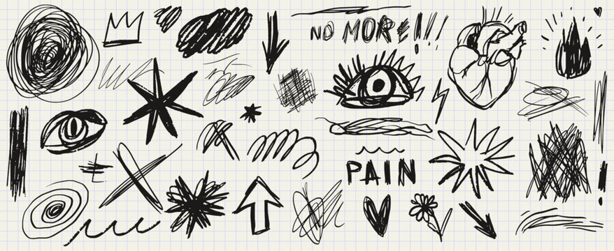 Scribble doodle elements for poster, social media. Handwritten love, mad, irritation, anger doodles. Rough emotional hand drawn ball pen sketch grunge illustrations. Chaotic freehand pencil drawings.