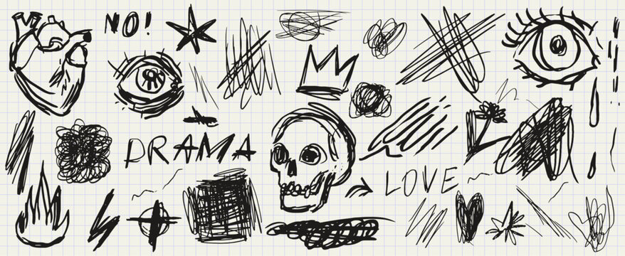 Chalk scribble doodle element set for poster, social media. Handwritten love, mad, irritation, anger doodles. Rough emotional hand drawn ball pen sketch grunge texture. Chaotic freehand pencil drawing