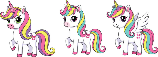 Cute cartoon unicorn characters set with rainbow mane, magical fantasy pony collection for kids vector illustration