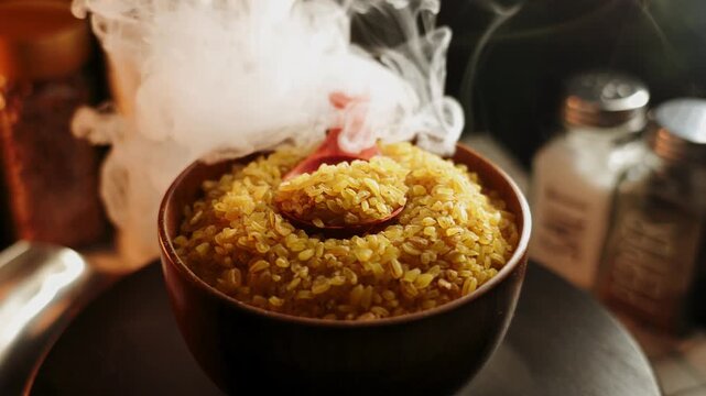 Bulgur cooking process in a warm kitchen setting with spices and ingredients around