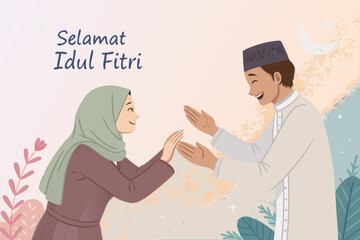 Fototapeta premium Depicting Muslim Woman And Man Greeting Selamat Idul Fitri Elegant Premium Digital Asset