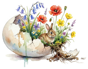watercolor illustration of a cute bunny sitting inside a cracked eggshell filled with growing spring wildflowers