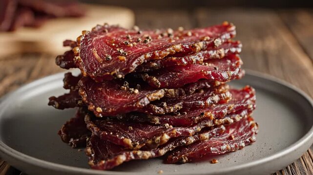 Delicious Stack of Beef Jerky on a Gray Plate.
