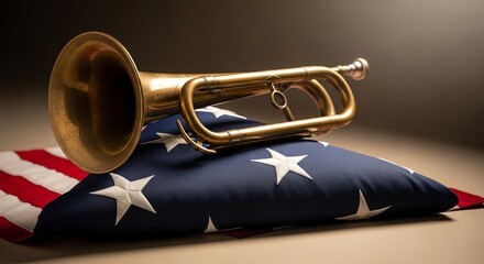Naklejka premium Brass Bugle Resting on Folded American Flag with Stars and Stripes.