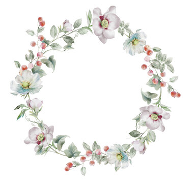 Easter wreath with flowers. Watercolor Easter composition.