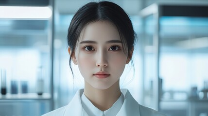 Naklejka premium A young Asian woman with dark hair, wearing a white lab coat, stands in a modern laboratory. She represents the fields of research and science, emphasizing equality and feminism.