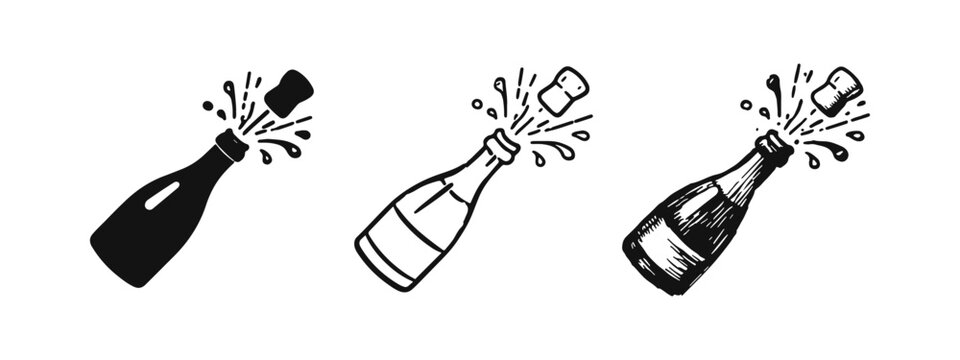 Popping Champagne Bottle Icon Set. Celebration and Festive Occasion Doodle Symbols. New Year Concept.