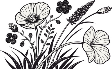 Wildflower and Grass Line Art Illustration