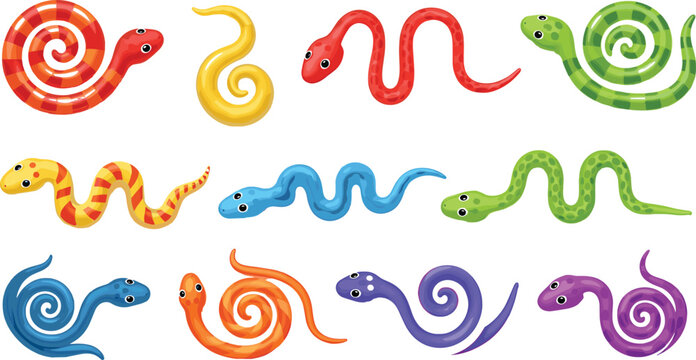 Colorful Snake Cartoon Character Collection with Curled Crawling and Spiral Reptile Poses Cute Wildlife Flat Vector Illustration Set Police Stop