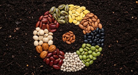 Obraz premium Circular arrangement of various dried beans and seeds on dark soil background.