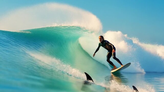 A surfer rides a wave alongside a dolphin. Turquoise water, clear sky, and dynamic composition
